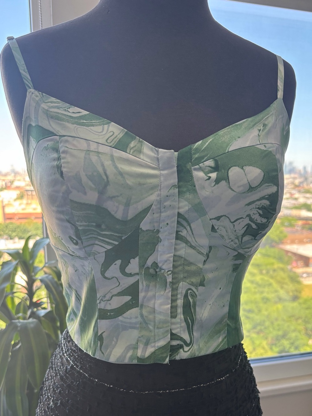 GUESS stretch Green Marble Print Stretch Bustier Crop Top Size S